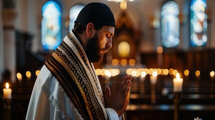 A rabbi prays with a serene expression while wearing a prayer shawl in a tranquil, softly lit setting
