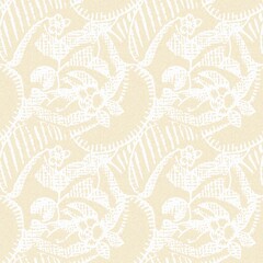 Modern white on cream lace effect wedding background texture. Soft tonal linen openwork block print with subtle hand drawn lattice damask printed fabric backdrop. 