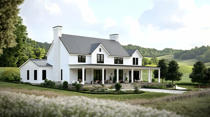 Obraz premium Luxury white Modern Farmhouse in Tennessee with Panoramic Views of Rolling Hills and Contemporary Rustic Design
