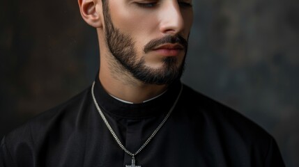 Obraz premium A solemn Orthodox priest wears a black robe and cross pendant, surrounded by soft lighting that enhances the tranquil atmosphere