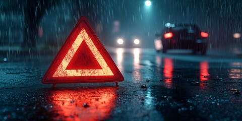 A reflective emergency warning triangle glows under heavy rain at night, signaling caution for approaching vehicles in a wet urban environment