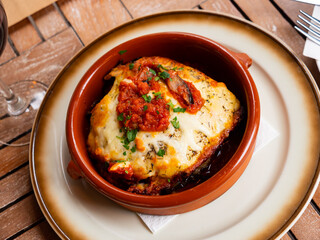 Delicious fried eggplants and tomatoes with parmesan cheese served in bowl