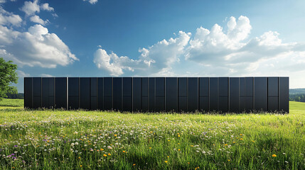Obraz premium Modern Black Wall Panels in a Green Meadow Under a Blue Sky