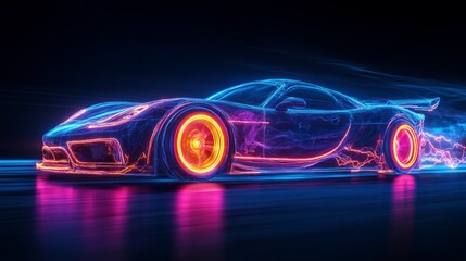 A fast moving sports car, very exaggerated motion, neon effects, lightning on the wheels, dark blue background