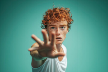 Young red-haired man reaching forward with an intense expression, advocating against bullying and raising awareness for mental health support. Teal background. Awareness poster.