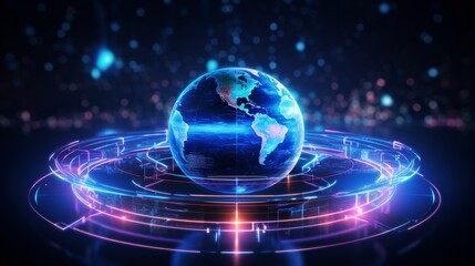 Obraz premium Futuristic planet hologram illustrating global fintech innovations and digital advancements