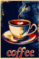 Retro Coffee Cup Poster with Bold Colors and Steaming Aroma