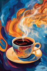 Vibrant Coffee Cup with Fiery Steam in Abstract Style