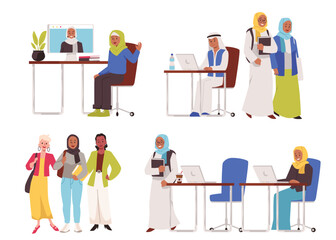 Vector illustrations of Muslim girl in hijab, young men using laptops for education purposes.