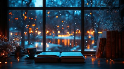 window night scene of lights and winter. Books on the table in front of the window and a cup of coffee