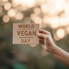 A hand holding a World vegan day card blurred background  sticker for world vegetarian day bokeh effect