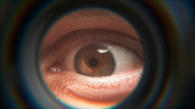 Curious man is looking through peephole with his eye.