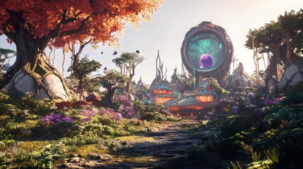 Futuristic Alien Landscape with Vibrant Flora and Portal