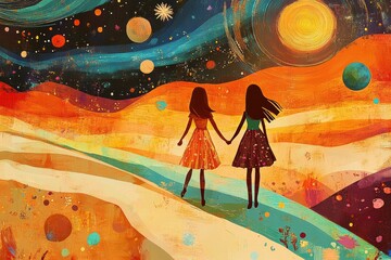  two girls walking on the space