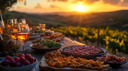 A table with a variety of food and drinks, including wine glasses and a pizza