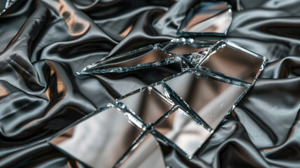 Sharp fragments of a broken mirror contrast with the soft fabric, symbolizing the feelings of discomfort and fragility