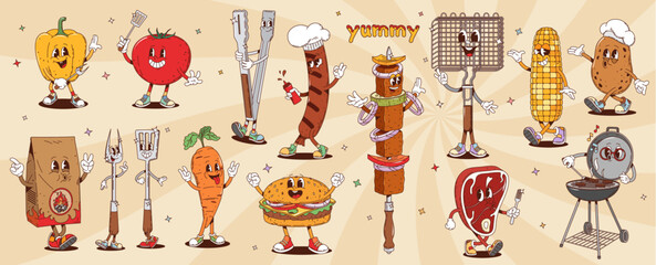 Retro groovy barbeque characters, cartoon bbq grill personages. Vector food and tools, bell pepper, tomato, meat steak and skewers, sausage, charcoal, burger and corn or potato with expressive faces