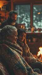 Generational Bonding by the Fireplace in a Cozy Cabin on a Snowy Evening