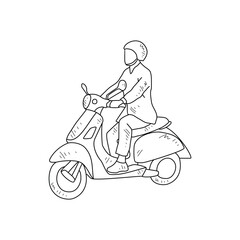 Sketch drawing of the people using motorcycle go to work with white background. Land transportation design in simple sketch style. Black and white vehicle design concept vector illustration.