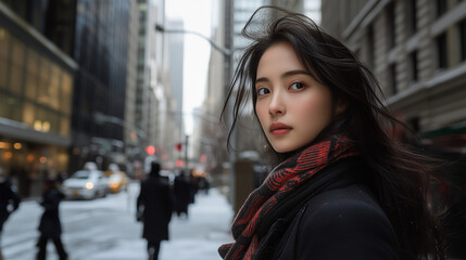 Obraz premium young Chinese woman walking in New York City street 