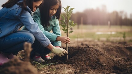 A woman along with a child are planting a small tree in the dirt