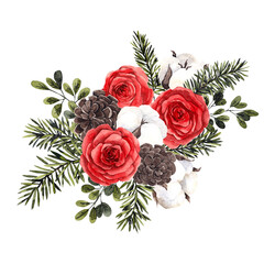 Floral Christmas bouquet with watercolor hand draw winter flowers, cotton, pine branch, berry and leaves, isolated on white background