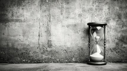   A monochrome image of an hourglass on a gray floor adjacent to two concrete walls