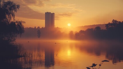 Serene Sunrise Over Lake with Urban Silhouette, a tranquil scene showcasing the harmony between nature and modern architecture, reflecting vibrant colors on calm water surfaces