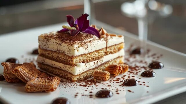 The tau tiramisu layered with coffeesoaked ladyfingers and creamy filling representing the tau lepton and its interactions.