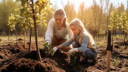 A woman along with a child are planting a small tree in the dirt