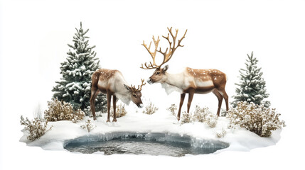 Naklejka premium Two reindeer locked in a gentle antler embrace beside a snowy forest.