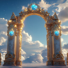 Majestic Golden Archway with Blue Gemstones in Cloudy Sky, Ornate Fantasy Entrance with Intricate Details and Regal Design in a Heavenly Setting