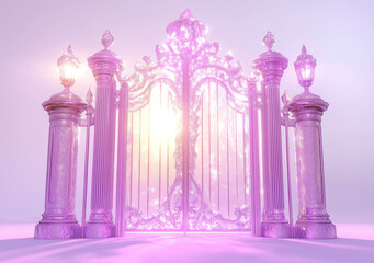 "Ornate Light Purple Gate with Glowing Light, Elegant 3D Rendered Entrance with Decorative Columns and Vintage Floral Design