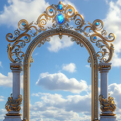 Golden Archway Decorated with Blue Gemstones Against a Cloudy Sky, Majestic Ornate Arch with Intricate Designs and Marble Columns in a Dreamlike Setting