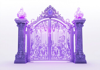 Ornate Light Purple Metal Gate with Floral Design, Elegant 3D Rendered Entrance with Vintage Details and Decorative Columns