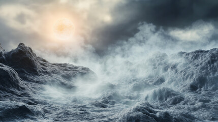 Fototapeta premium Raging ocean under a stormy sky, waves crashing dramatically as sunlight breaks through.