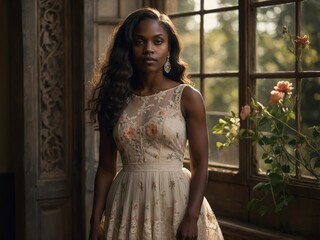 Fototapeta premium A woman wearing a vintage dress, radiating classic beauty and grace, set in a retro-inspired environment