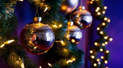 Shiny Christmas ornaments and glowing garlands on evergreen branches, set against a vibrant blue-purple background, creating a cozy and modern holiday feel.
