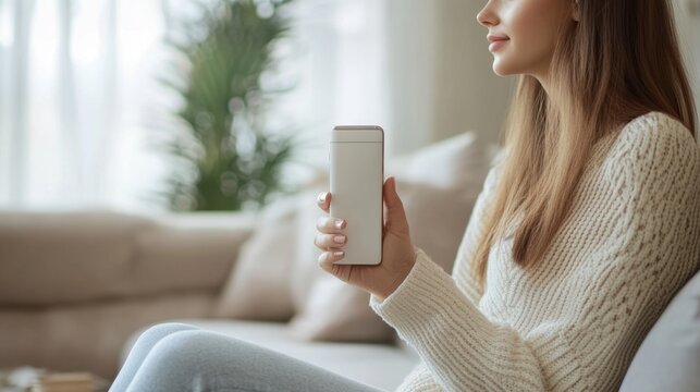 Woman using voice command on smartphone modern home clean layout copy space