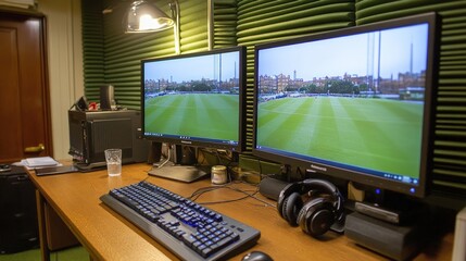 Naklejka premium A computer desk with two monitors displaying a green field, a keyboard, a mouse, headphones, and a glass of water.