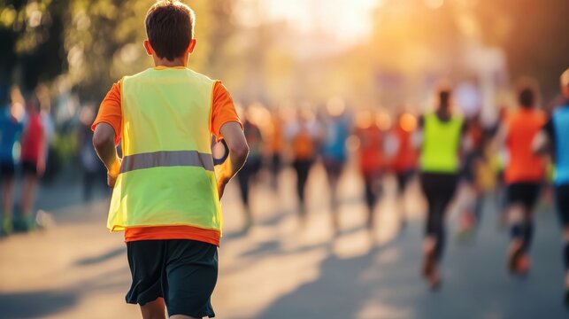 Volunteer organizing charity run bright day clean background  copy space