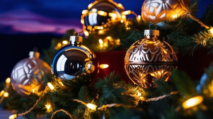 Golden Christmas ornaments accented with glowing garlands against a trendy 2025 blue-purple dusk background, evoking a modern and festive atmosphere. 