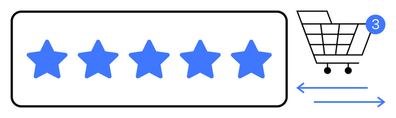 Five blue stars indicating high rating, shopping cart with three items, and left-right navigation arrows. Ideal for e-commerce, customer reviews, product rating, online shopping, quality feedback
