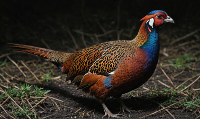 Fototapeta premium A colorful pheasant stands on the ground, its feathers blending with the natural surroundings