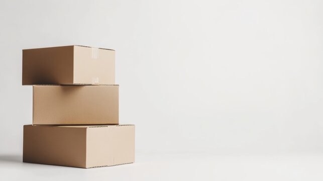 small stack of brown cardboard boxes on a plain white background soft shadows minimalist style high-resolution ideal for delivery service promotions and online shopping themes