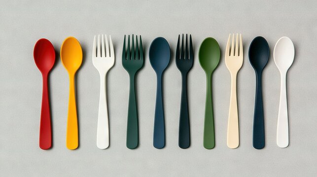   Row of multi-colored plastic utensils arranged neatly on a white surface against a gray backdrop