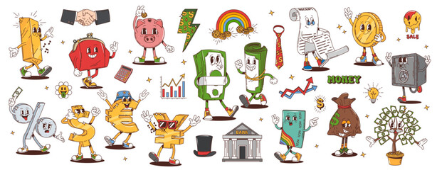 Retro groovy finance characters, psychedelic hippy money and bank vector personages. Cartoon groovy cash coins, wallet, credit card and piggy bank. Hippie dollar, euro and yen currency symbols