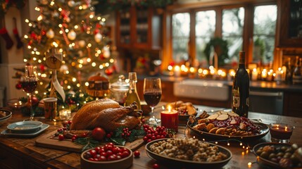 A beautifully decorated Christmas dinner table with a roasted turkey, side dishes, wine, and candles.