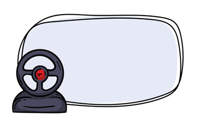 Simple vector template with gaming car steering wheel. Hand drawn frame for price tag, notepad, banner. Empty background for text, information