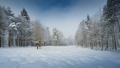 穏やかな雪の森の風景。遠くに見える木々と、雪が積もった広大な地面が広がるシンプルで静かな冬の風景。
